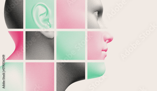 The face is made up of fragments. Mosaic. A concept in psychology. Time to think. Abstract digital human head. 3d vector illustration for business presentation, flyer or poster.