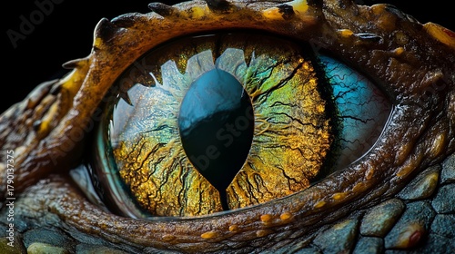 Reptile's eye shows detailed scales and vibrant colors of blue, green, and gold on the skin.