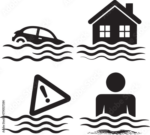 Flood disaster icons set