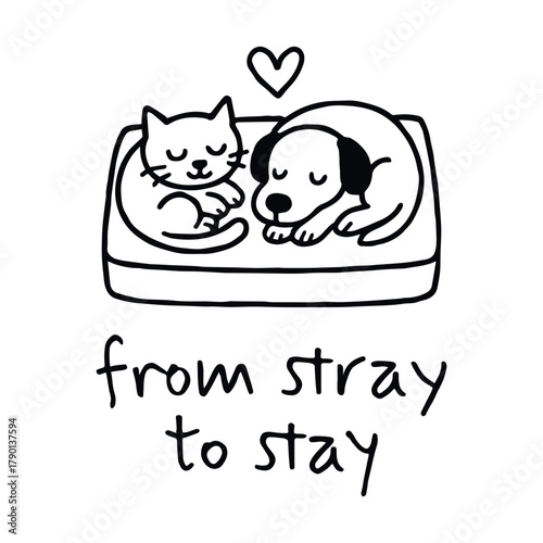 Black-and-white illustration of cat and dog sleeping together with heart and “from stray to stay” message, vector