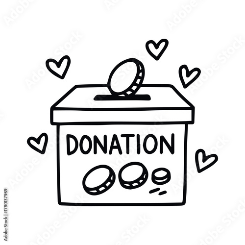 Black-and-white illustration of donation box with coin, hearts, and “DONATION” label symbolizing charitable giving, vector