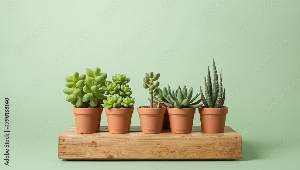 Fototapeta premium Succulent plants arranged in pots on a wooden surface, ideal for a natural decor theme