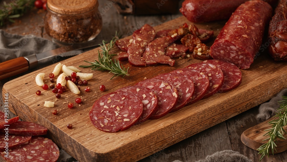Naklejka premium Sliced salami with pepper, garlic, and rosemary arranged on a wooden cutting board, processed meat risk