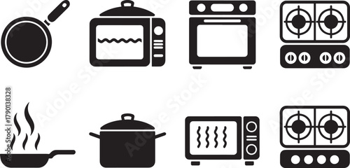 Kitchen Appliance Icons – Black and White Cookware Symbols for UI and Culinary Design