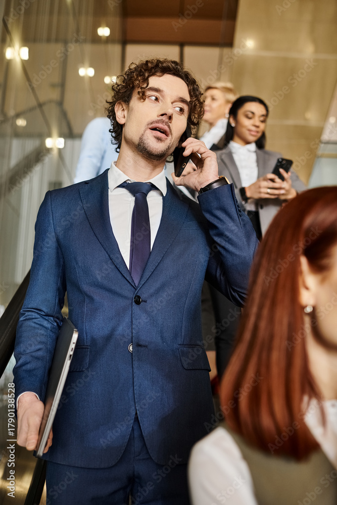 Fototapeta premium Business professionals engage in communication and collaboration in a modern office environment