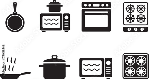 Kitchen Appliance Icons – Black and White Cookware Symbols for UI and Culinary Design