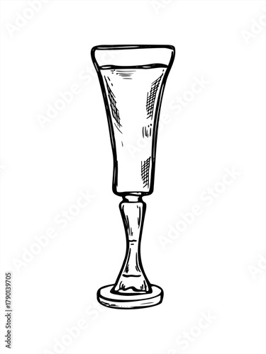 Small stemmed glass with beverage monochrome vector isolated illustration painted by black ink. Glass shot with limoncello, schnapps or brandy graphic sketch for bar menu, cocktail design, poster