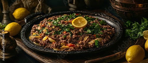 Fototapeta Naklejka Na Ścianę i Meble -  Delicious Lahmajun with Fresh Greens and Lemon