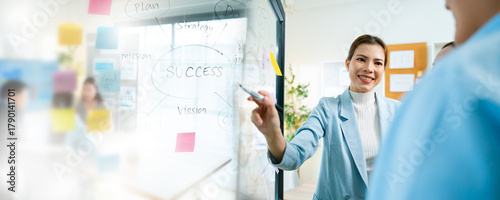 Group of young asian creative business brain storm meeting presentation,discussing roadmap to product launch, planning,strategy,new business development,working with new startup project in office. 