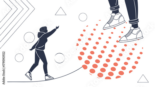 Woman on tightrope reaching for giant shoes over abstract obstacle