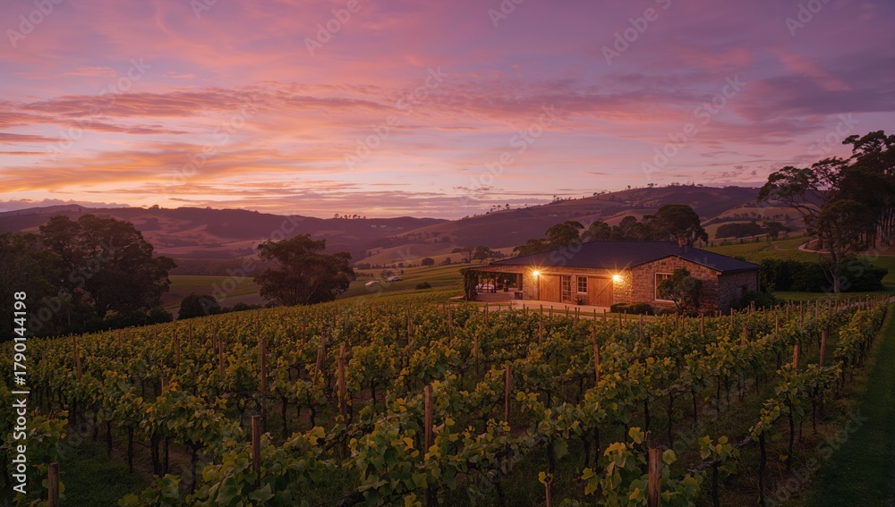 Naklejka premium Sunrise illuminating a vineyard, showcasing the beauty of the landscape, seasonal change