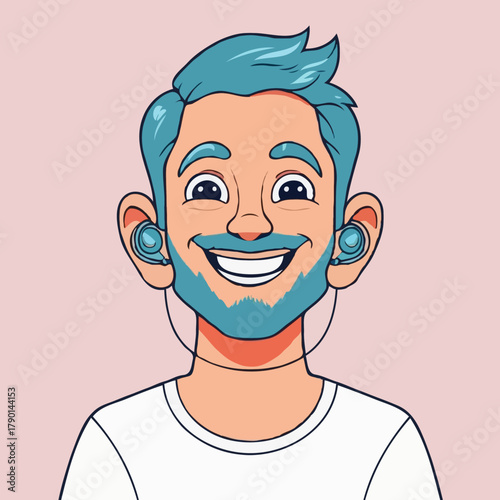Smiling man with blue hair wearing wireless earbuds for streaming music and podcasting