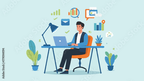 Professional analyzing business data and enhancing workflow with a laptop. Concept of digital productivity, analytics, and remote work in a modern office environment