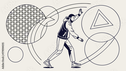 Man interacting with abstract geometric shapes and patterns in a stylized illustration