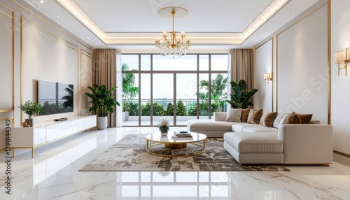 Luxurious modern living room with panoramic city views and elegant decor