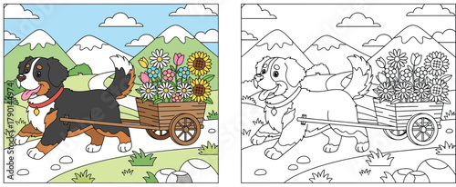 Cute Bernese Mountain Dog Pulling a Flower Cart Through a Scenic Mountain Landscape - Line Art and Colored Versions Included
