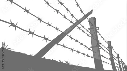 A monochrome image depicting a barbed wire fence with posts against a bright white background outdoors