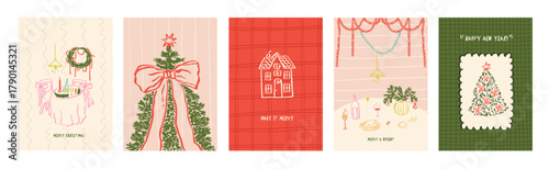 Christmas whimsical greeting card set. Whimsy poster template with Christmas tree with bow, dinner table and cute house. Ribbon garland border greeting card design