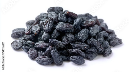 black raisins in a bag, isolated on white background, top view, flat lay composition, detailed texture of raisins, minimalistic and clean