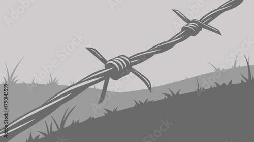 A close up illustration of barbed wire stretching across a grassy hill in a grayscale color scheme