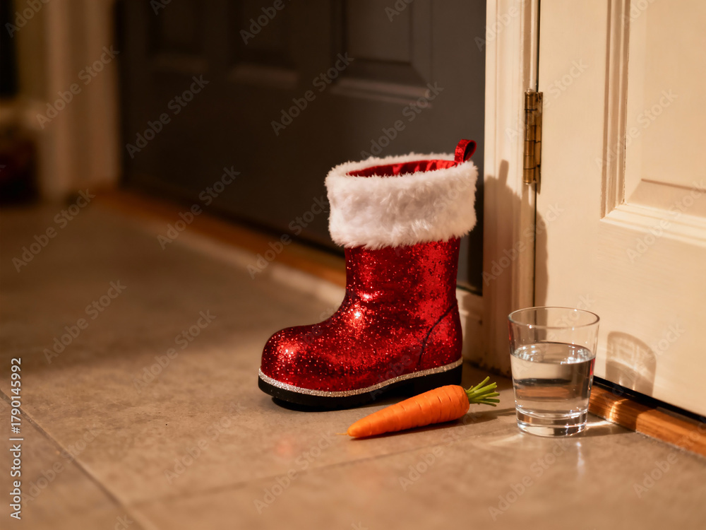 Obraz premium A sparkling red Santa boot, fresh carrot, and glass of water on a tile floor, embodying Christmas Eve traditions for Santa and his reindeer.