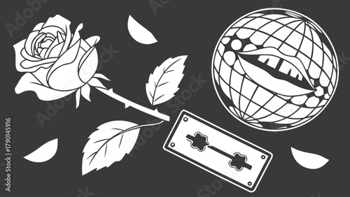 A white rose with petals and leaves, a razor blade, and a globe with a mouth on a black background