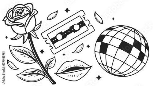 A black and white illustration featuring a rose blade disco ball and lips with scattered petals and stars