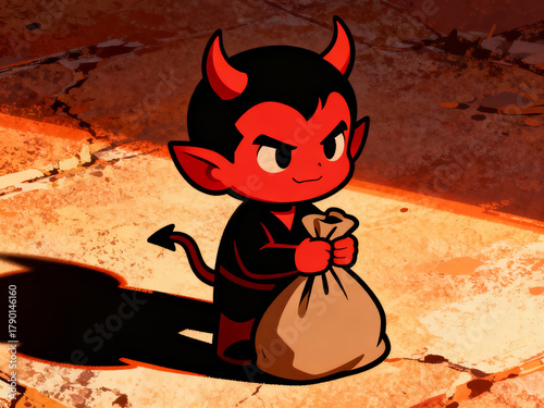 Mischievous Little red devil holding a bag of coal. Czech tradition of Mikulas. Style of a fairy tale collection, seasonal marketing.