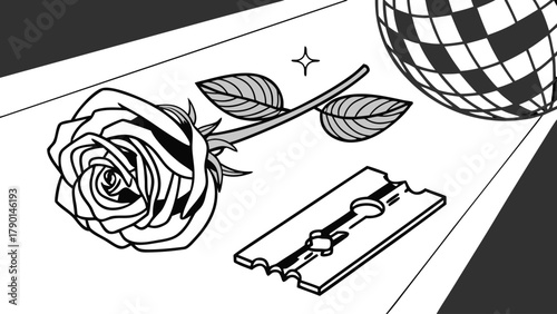 A monochrome illustration featuring a rose razor blade disco ball and a sparkling star on a white surface