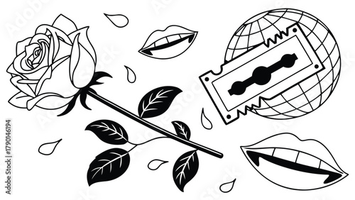 An illustration featuring a rose, lips, razor blade on a globe, and scattered teardrop shapes in black and white