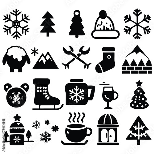 Black single-color “Winter Wonderland” Christmas icon pack of 30 winter and holiday elements—perfect for seasonal apps, prints, infographics, and branded decor.