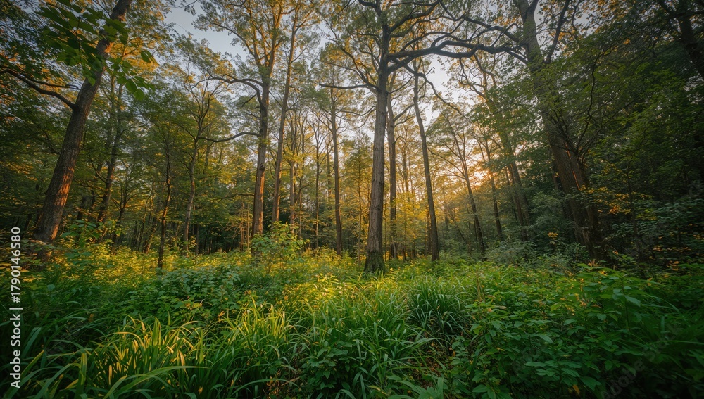 Obraz premium Lush forest abundant with towering trees and diverse foliage, showcasing seasonal change