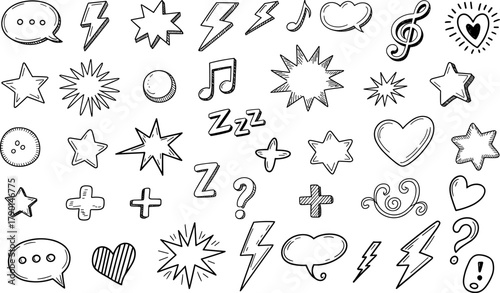 Hand Drawn Doodle Elements Collection Keywords: speech bubble, lightning bolt, starburst, music