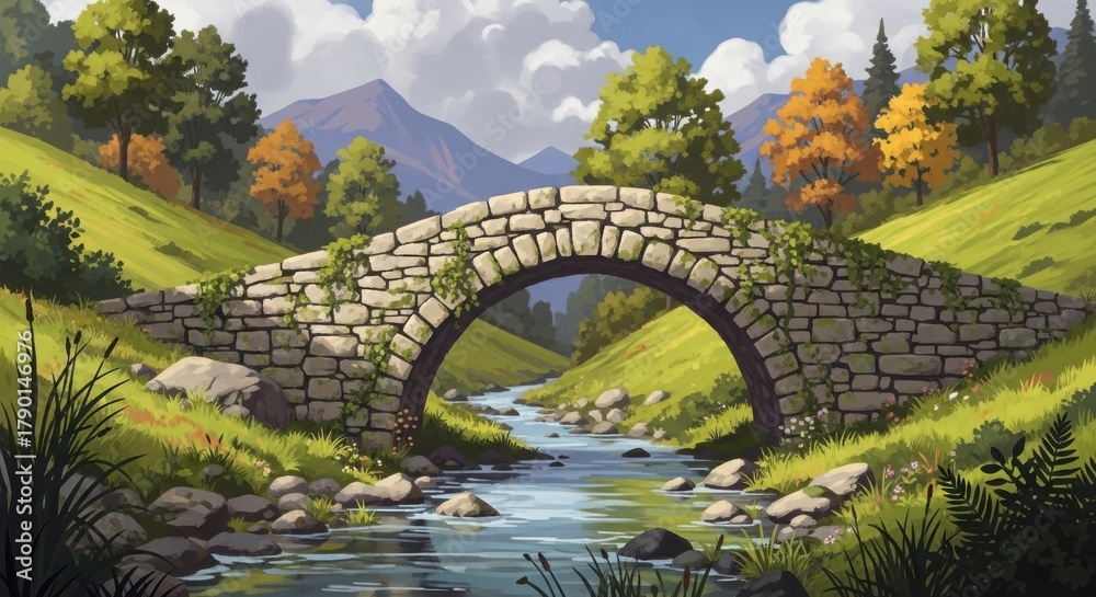 Fototapeta premium Idyllic stone bridge arching over a serene mountain stream