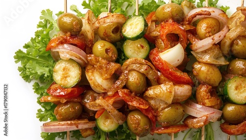 Spanish banderillas, assorted skewers featuring pickled olives, garlic, cucumbers, onion, and red pepper, fiber-dense choice