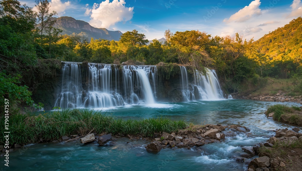 Obraz premium Waterfall cascading in a mountainous landscape, showcasing the beauty of nature