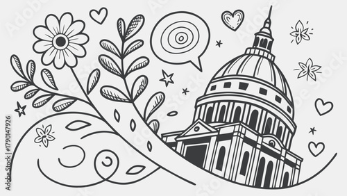 A drawing of st paul's cathedral with floral elements hearts and swirls in a whimsical style design