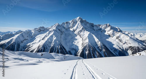 Snow covered mountain range with ski tracks on a sunny winter day under a clear blue sky