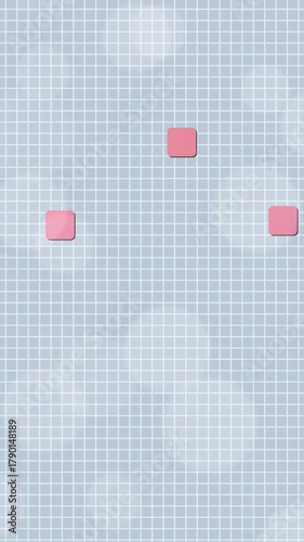 Puzzle Pieces Blue Vertical Background. Geometric elegant motion graphic, pink squares on blue color grid pattern, 23 seconds duration, vertical resolution.

