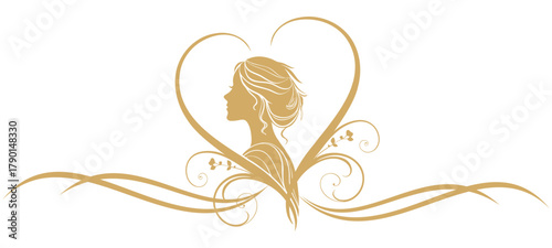 Gold Valentine's day background with a woman, ornaments and heart shapes vector illustration