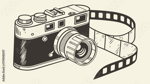 A vintage camera with film strip illustration showcasing photography and retro aesthetic appeal in artwork