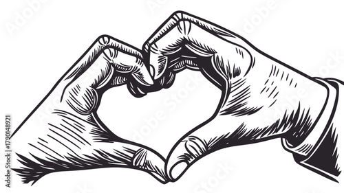 A detailed monochrome drawing of two hands forming a heart shape with visible sleeve on the right hand