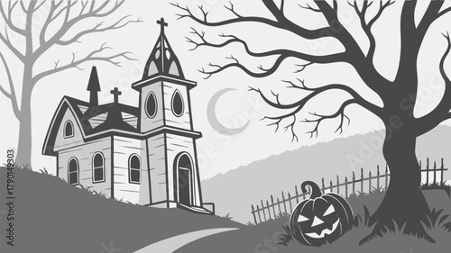 A spooky halloween scene with a church, pumpkin, trees, and moon in a monochrome illustration style