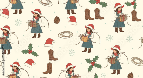 A charming seamless pattern combines festive Christmas elements with a Western flair, featuring a cowgirl in a Santa hat, cowboy boots, and holly.