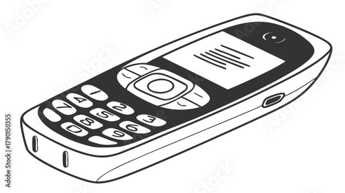A black and white line drawing of a classic cell phone with buttons and a screen displayed clearly