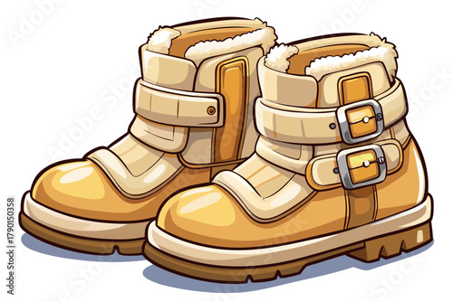 Transparent PNG of insulated beige winter boots with stylish buckles and soft fur lining, warm cozy footwear product, fashion accessory design, and cold weather comfortable clothing concept.