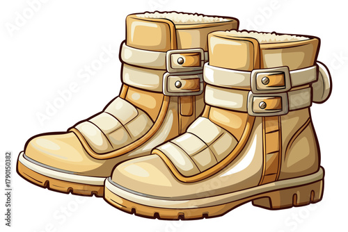 Transparent PNG of insulated beige winter boots with stylish buckles and soft fur lining, warm cozy footwear product, fashion accessory design, and cold weather comfortable clothing concept.