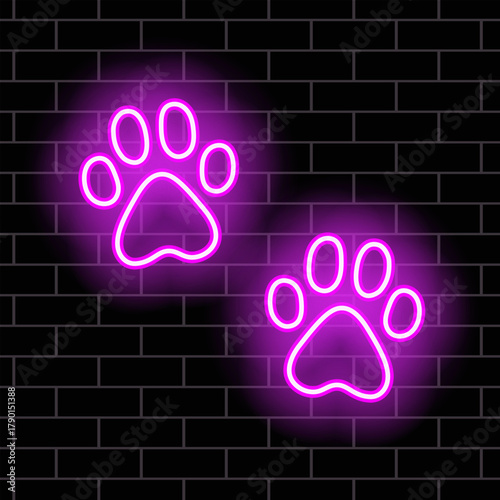 Dog paw print neon, bright purple glowing line on a dark brick wall background, vector illustration.
