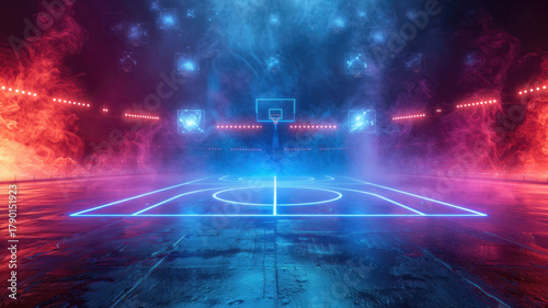 Futuristic basketball arena with neon lights and smoke