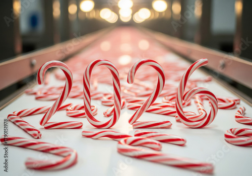 Candy canes forming the year 2026 on a factory conveyor belt. Christmas sweets production